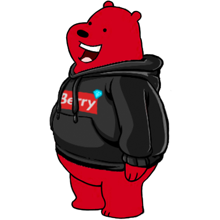 Urso vermelho, sorridente. Tem uma camisola preta, com um diamante ao canto e com o seu nome inscrito, 'Berry'.